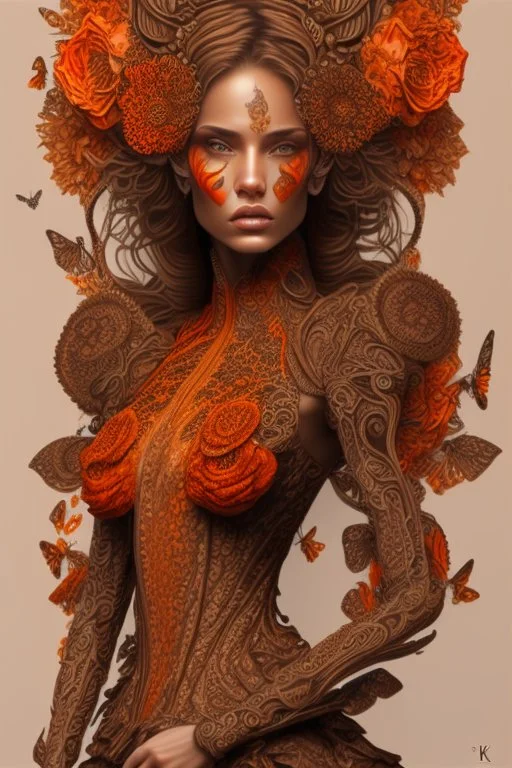 female, brown and orange tones, insanely detailed and intricate, hypermaximalist, elegant, ornate, hyper realistic, super detailed, by Pyke Koch