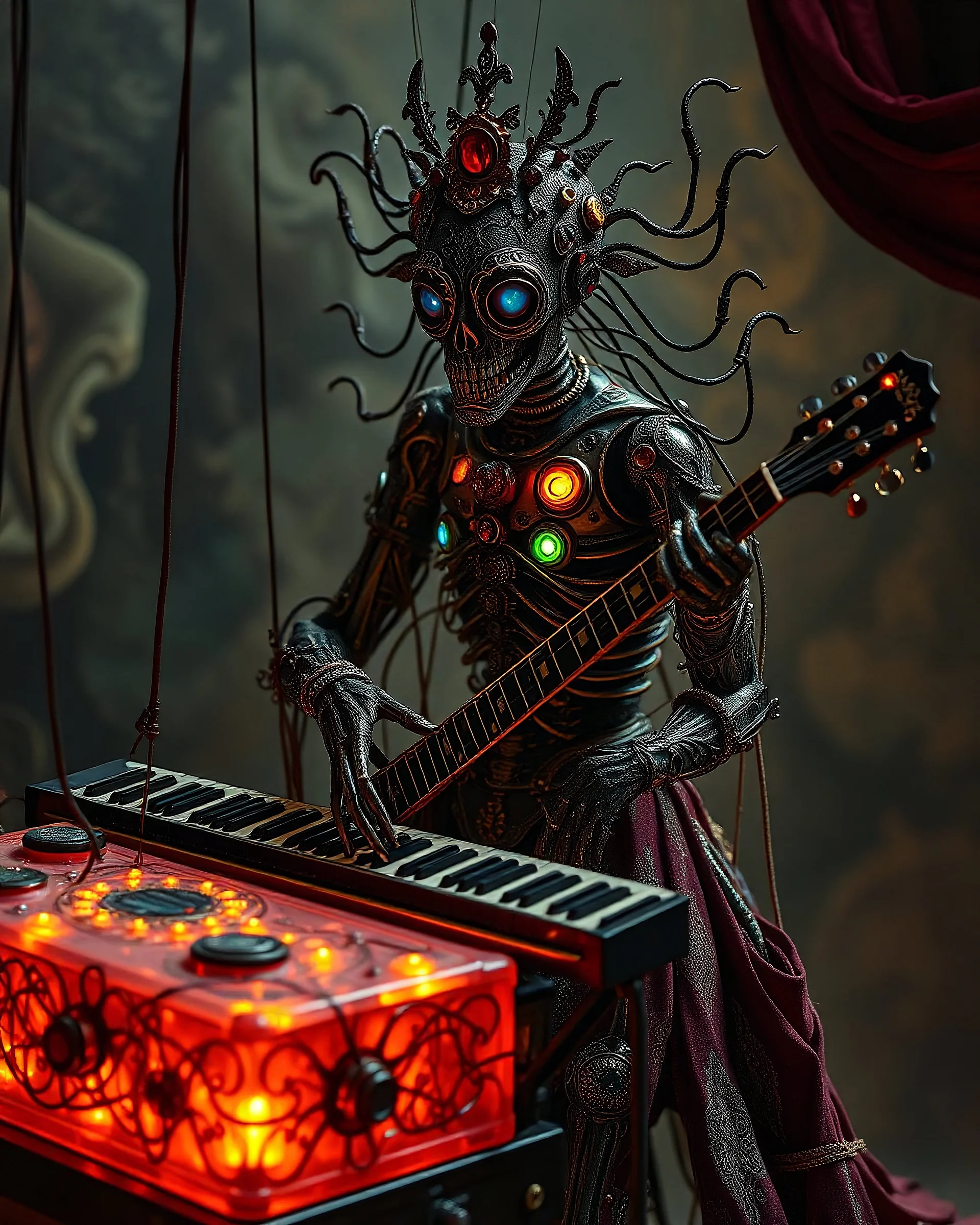 full body, inspired by Tim Walker's style, an otherworldly figure takes the spotlight. This enigmatic being morphs into a Krofft Pufnstuff puppet voodoo cutie playing the Keyboard instrument, adorned with intricate details, bioluminescent features, and hints of cyborg elements.The composition blends Renaissance aesthetics, Alex Grey's detailed style, and Michael Cheval's playfulness, all with a surreal and pop art twist reminiscent of František Vobecký's work. This 8K image is an invitat