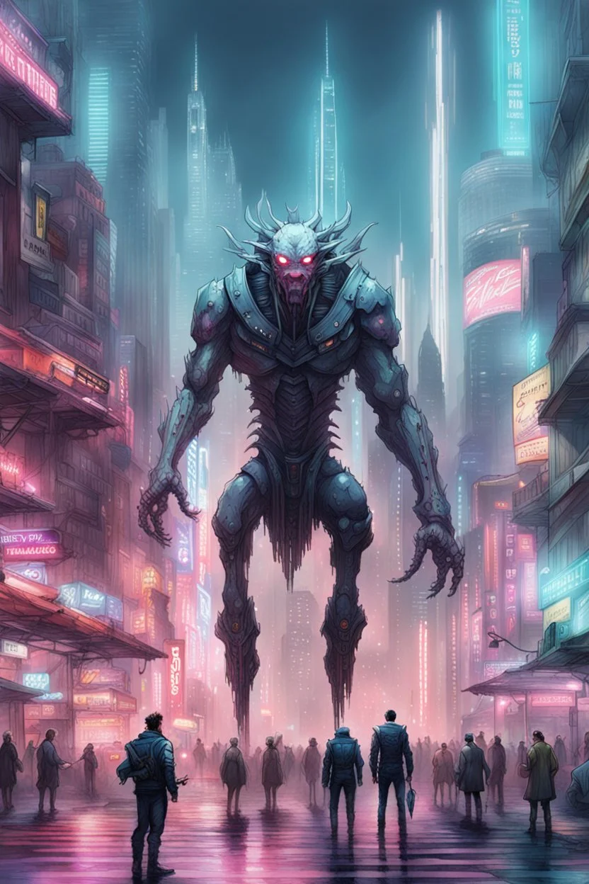 cities of the future cyberpunk in the monster stands on its hind legs