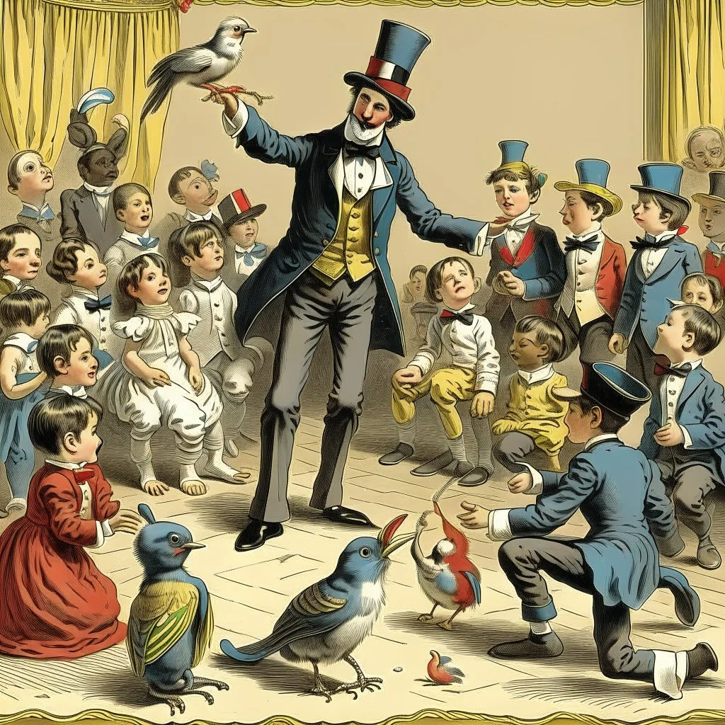 A magician stands in front of a group of children who sit in front of him on a mat on the floor and pulls out a rabbit from a top hat, the children look open-mouthed and wide-eyed and clap their hands, in the background a parrot stands on a pole and observes what is happening