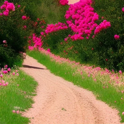 gravel road, pink roses field