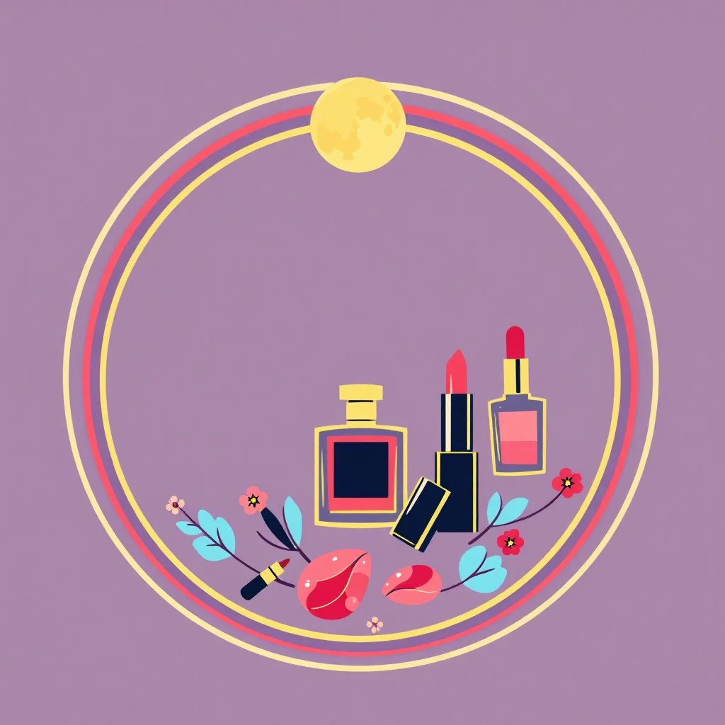 A circular logo for a cosmetics store with a symbol of the moon in the upper part and decorated in the lower part of the circle with nail polish and women's cologne and lipstick and cheek rouge and the use of red, gold, blue and pink colors