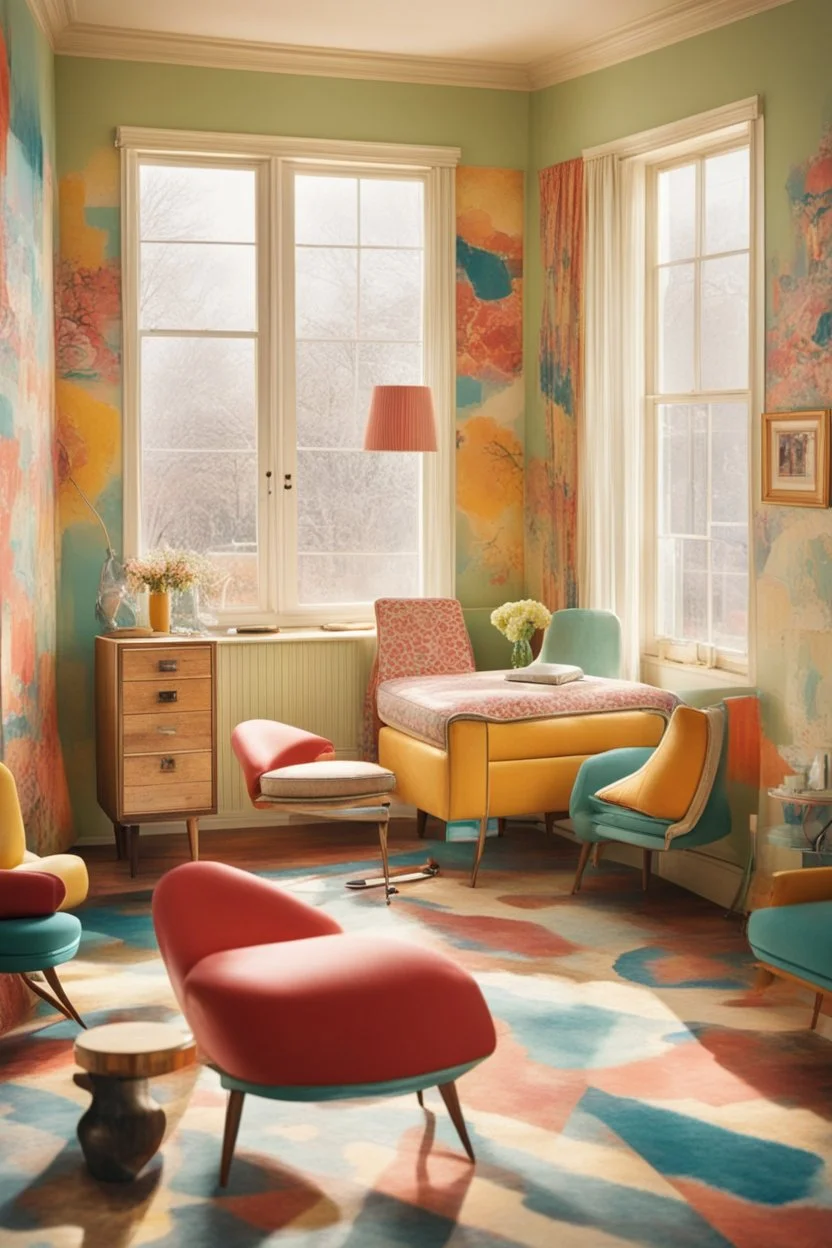 A vintage room embodying the essence of the 1950s, complete with (((retro furniture))), colorful patterns, and (sunny afternoon light streaming through open windows)