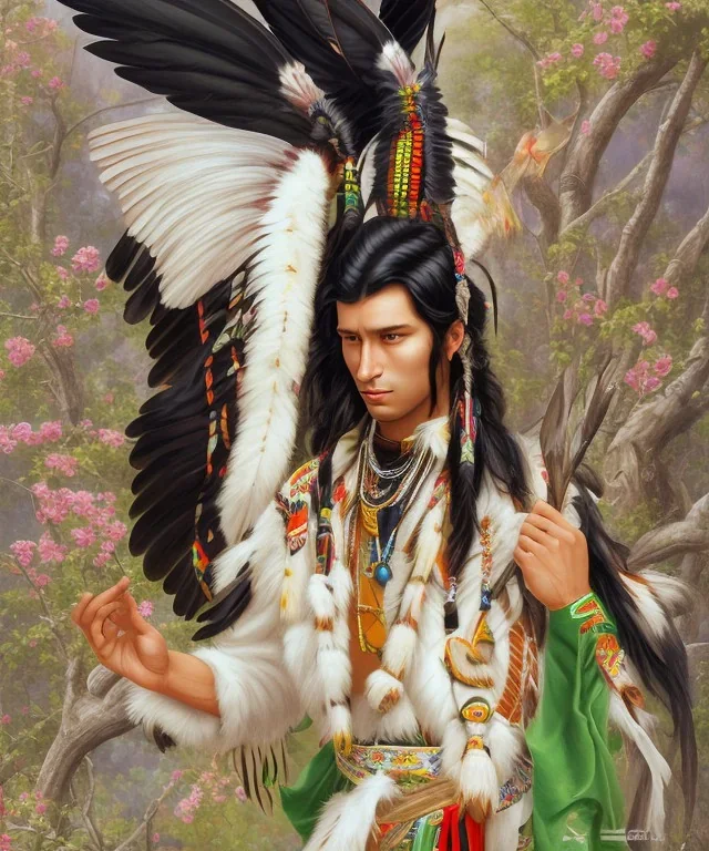 chaman, male native american, long black hair, black coat like wings