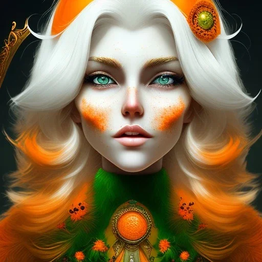 fantasy setting, woman, orange and white hair, wavy hair, freckles, ranger, more orange hair, more white hair, green eyes, more white hair, more white hair,