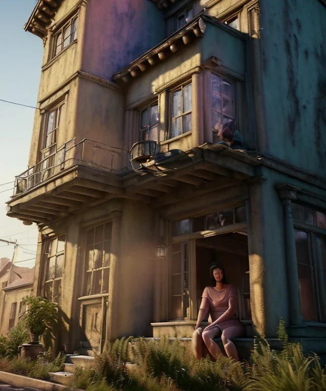 Realistic image, giant woman head inside a house, looks out through the open windows. people on the street are watching him, soft color, highly detailed, unreal engine 5, ray tracing, RTX, lumen lighting, ultra detail, volumetric lighting, 3d, finely drawn, high definition, high resolution.