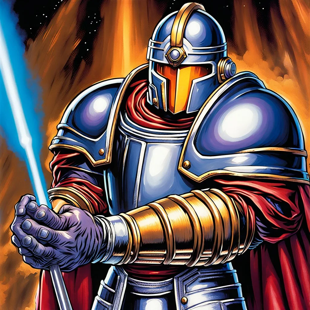 heroic fantasy galactic paladin holding mace wearing barbuta helmet 90's tcg art 90's tcg art