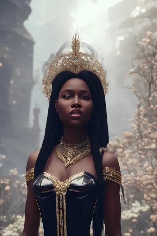 A portrait of a beautiful youthful black woman, wearing a corset, long black hair, wizard, magical, ethereal, Warm bright lighting. Concept art by wlop. Ultra quality 8k.