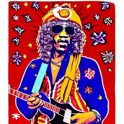 hippie JIMI HENDRIX Santa playing electric guitar, psychedelic, peace sign, MUSHROOMS, TRIPPY, ACID, LSD, dreadlocks