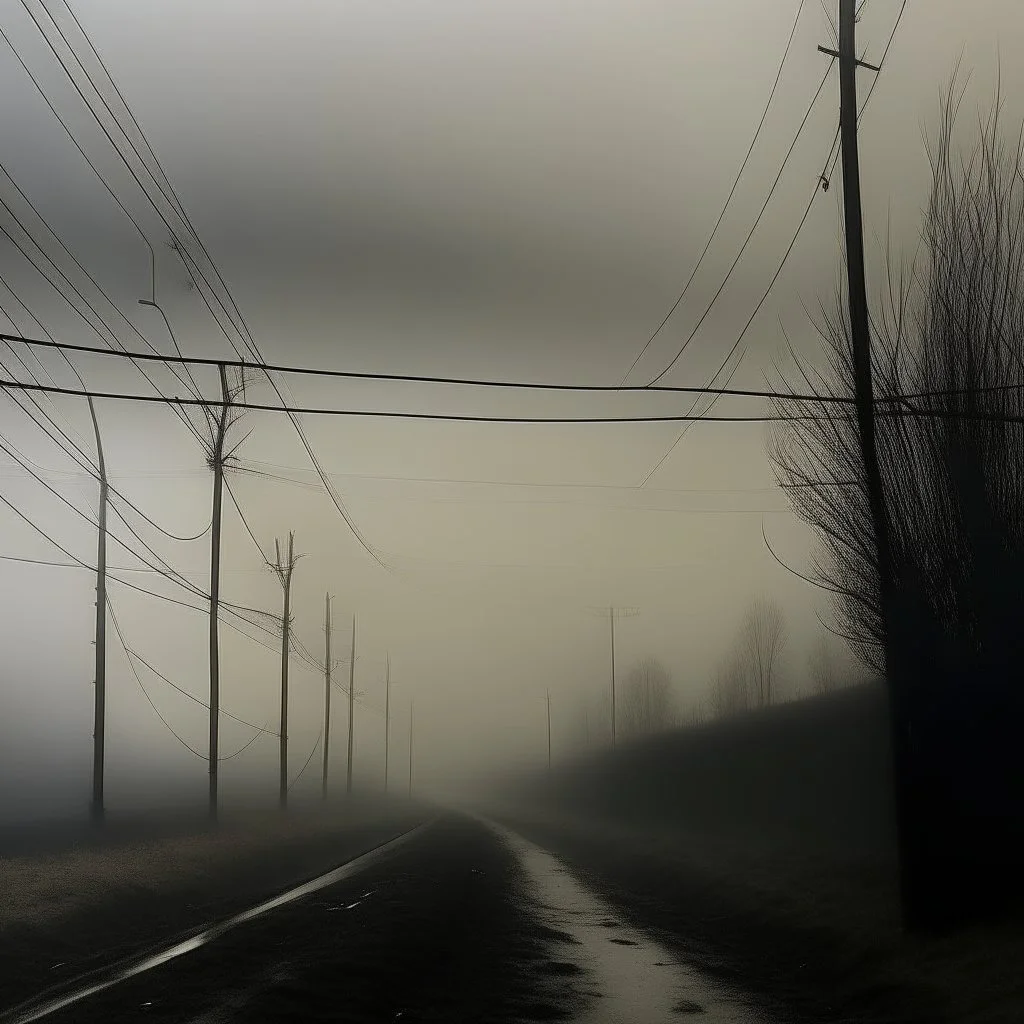 An empty road on a misty day. Telegraph poles and wires. Muted tones. With blotches and lens noise. Photo 4k