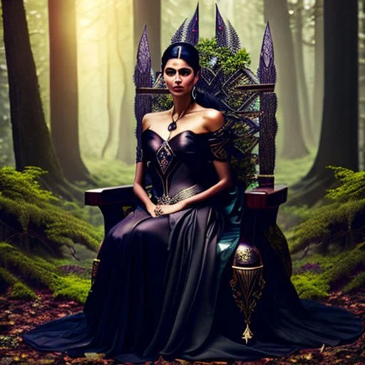 Morena Baccarin as a beautiful sexy dark elf queen seated elegantly on a throne in a mystical forest, dark celtic vignette frame, photo-realistic, cinematic lighting, award-winning photography