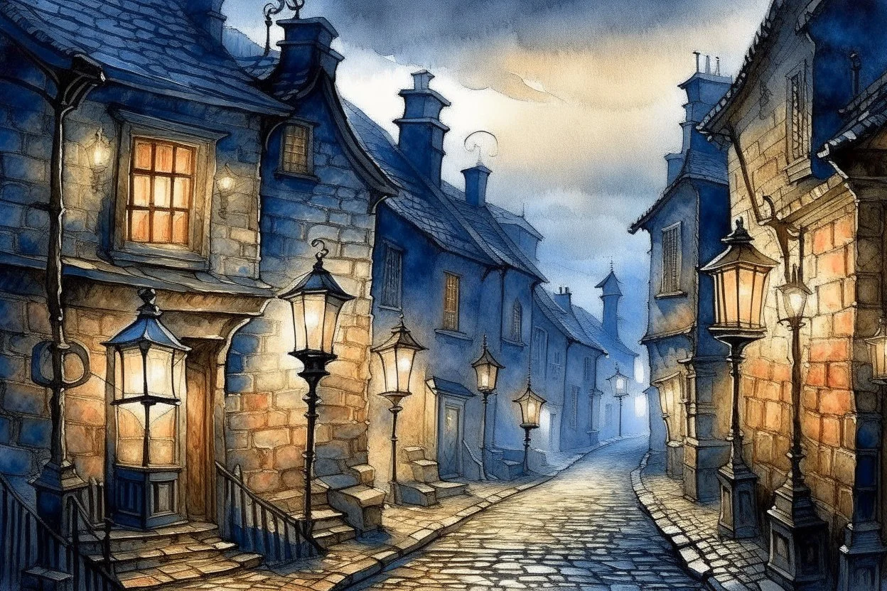 Prompt: a lantern glowing softly on a cobblestone street, mist swirling, with old Victorian houses lining the path, watercolor, mysterious, nocturnal