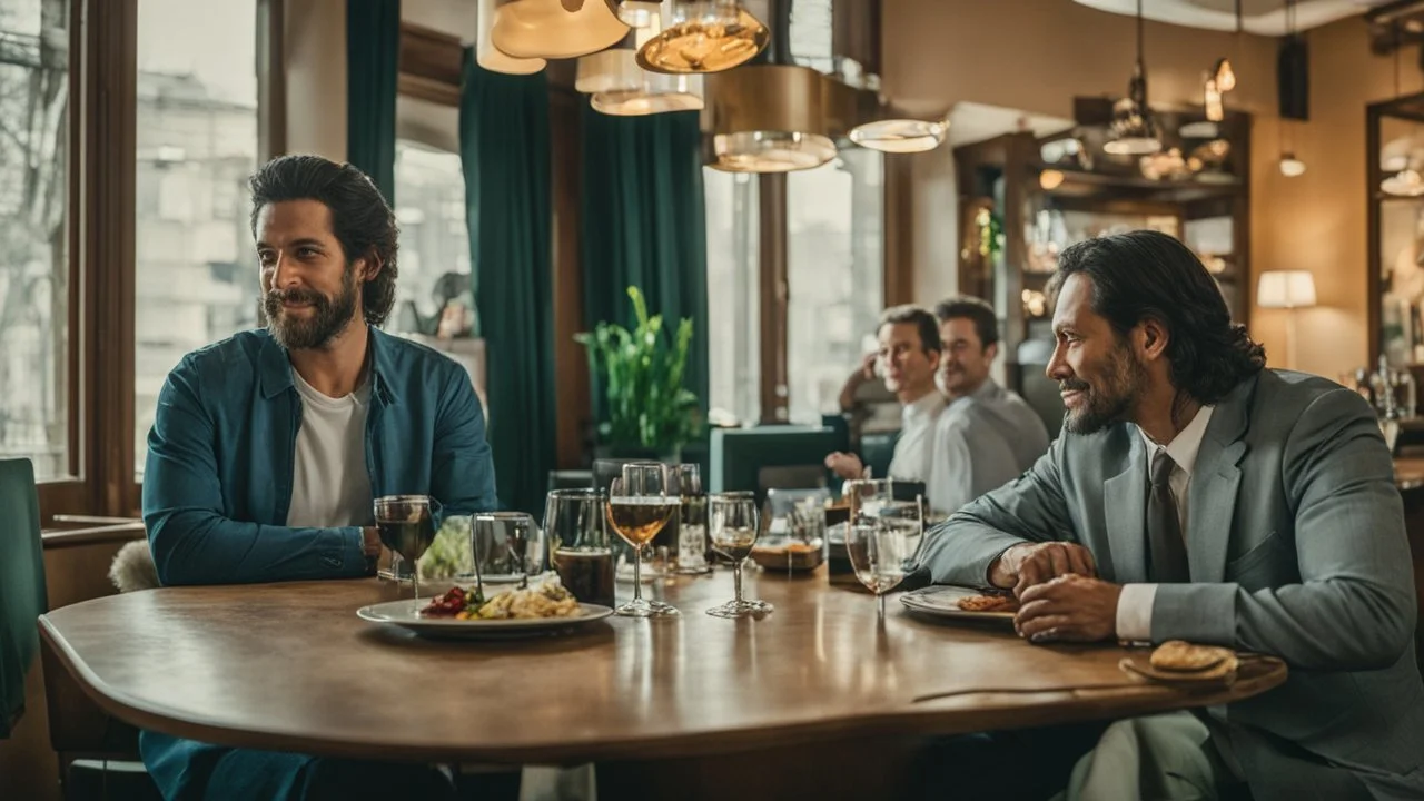 two people in a restaurant and man and his lady at a table