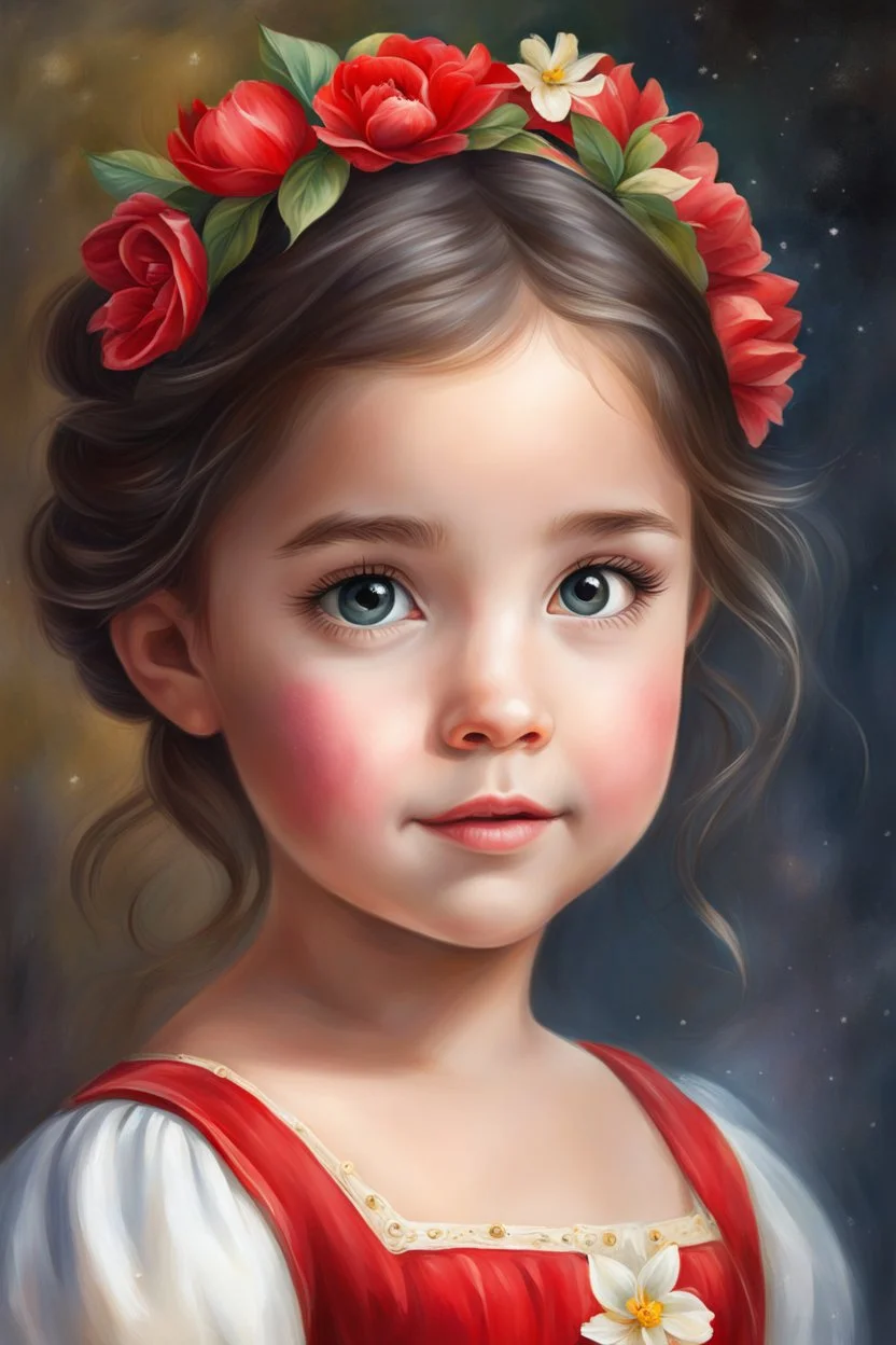 a painting of a little girl with a flower in her hair, realistic cute girl painting, adorable digital painting, princess portrait, painting of beautiful, portrait of snow white, beautiful character painting, portrait painting of a princess, photorealistic disney, disney art, cartoon painting, girl wears a red dress, disney artist, beautiful princess, fairytale artwork, cute young girl, disney character