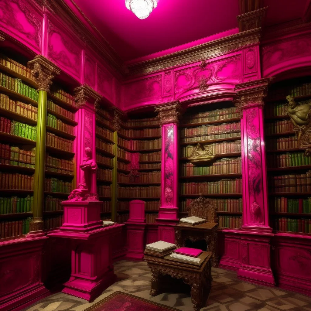 A magenta library with psychic books painted by Michelangelo di Lodovico Buonarroti Simoni