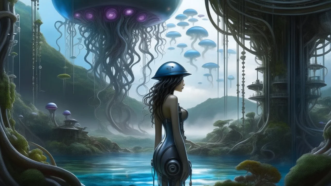 Detailed matte painting of a wide-angle shot of a woman, standing on the left side of the shot, with dark hair in a silver robotic catsuit, many large floating jellyfish with octopus tentacles, alien jungle trees in the distance, with an alien beach and lake, deep colour