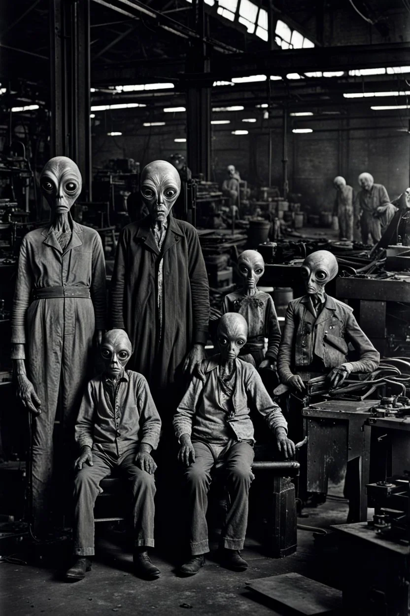 1900's black and white vintage photo, interior, working (alien) organ manufacturing factory warehouse, unhappy and angry,stange long grey alien human hybrid creature with a family that is super sad, captured on square format film, grainy brown, aged, old men depressed, tired