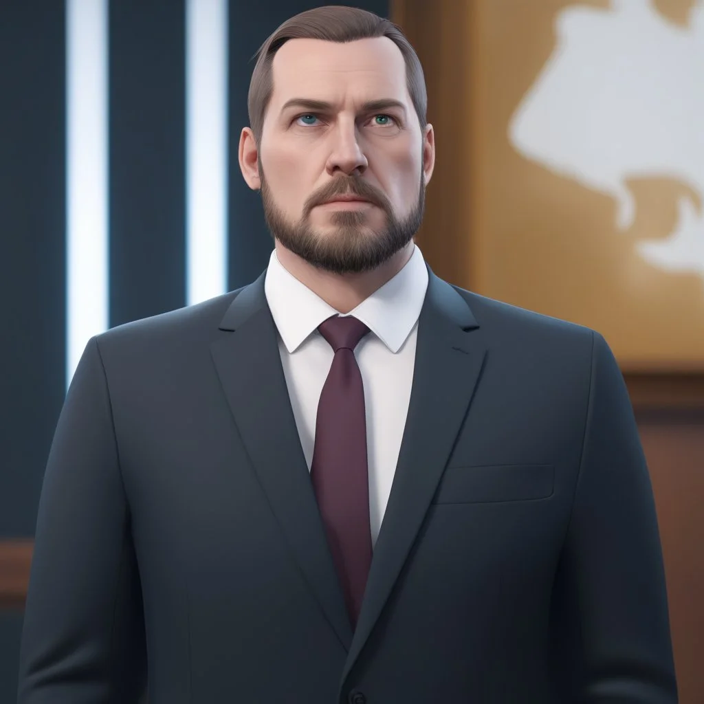 Portrait of a politician in a suit, white shirt, brown tie; short beard, very short bristly hair; white background; 3D style, overwatch, splatoon; paint splashes, very colourful; unreal engine; high detail realism