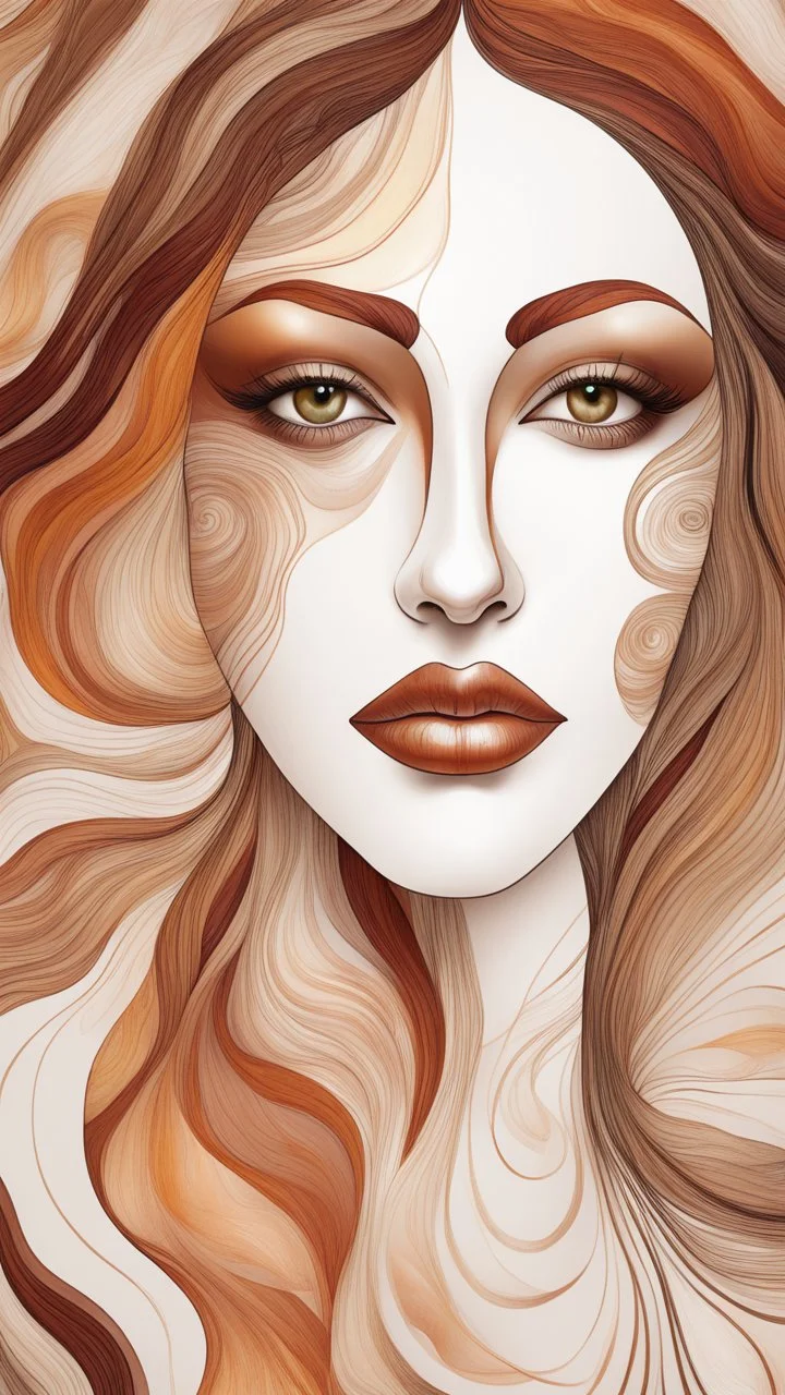 A beautiful women face abstract pattern using a palette of mother of pearl, rosewood, burnt amber fine line draw style