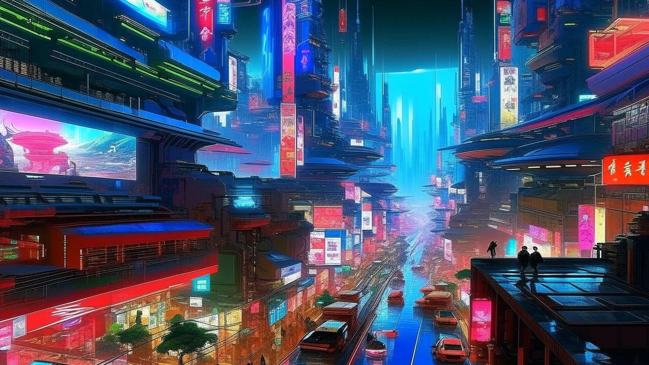 Megalópolis nocturna construida dentro de un cráter colosal, niveles infinitos de arquitectura vertical, trenes magnéticos atravesando cascadas de luz holográfica, anuncios flotantes en varios idiomas, lluvia ligera reflejando neones líquidos, atmósfera cinematográfica inspirada en Katsuhiro Otomo y el cyberpunk de nueva generación.