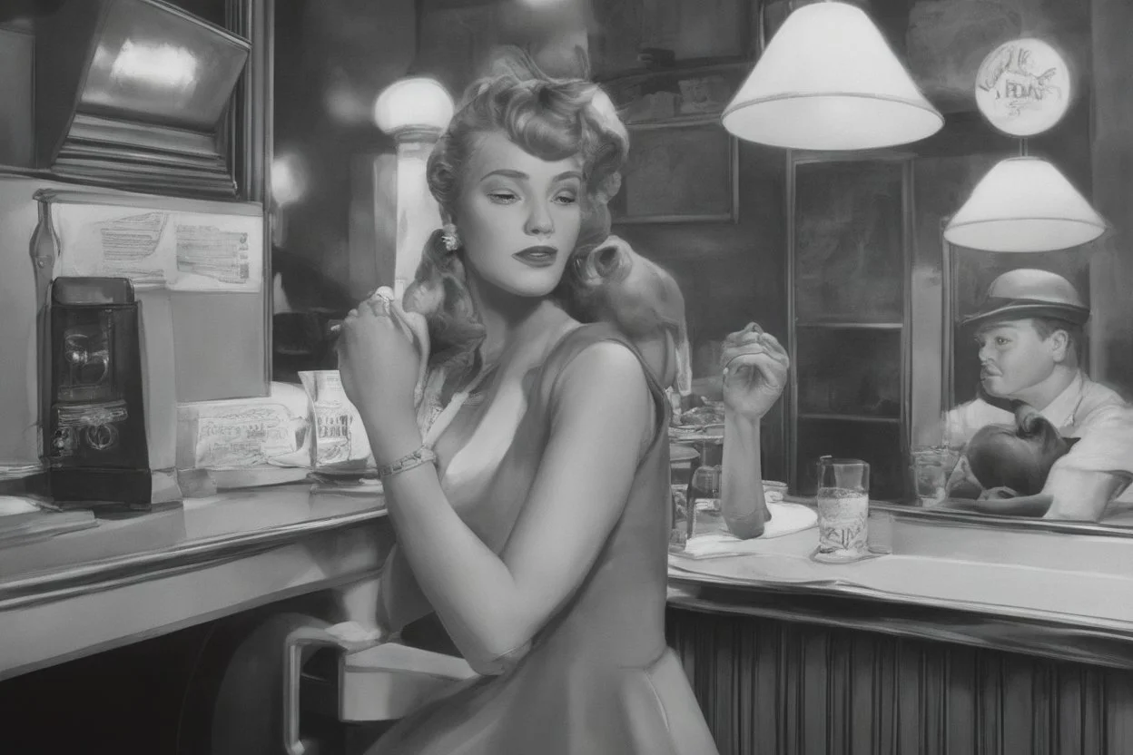 50-v5.2 prompt 26: Using the Grisaille technique, create a vintage Pin-up Girl in a classic 1950's diner setting. elegantly sipping a milkshake with an iconic jukebox in the background. -ar 16:9 -s 50. -v