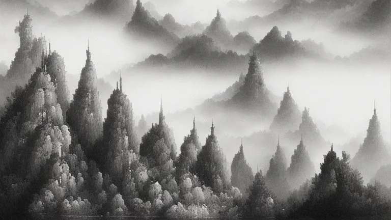 Tranquility landscape of hill on misty black ink watercolor chinese paint art