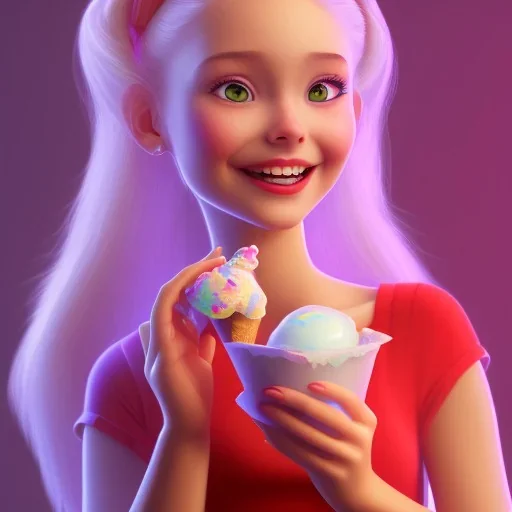 cute, adorable, smiling girl eating ice cream, candies flying all around her, Pixar, disnet, cinema lighting, gaming, 8k, magic, love --q 1 --v 4