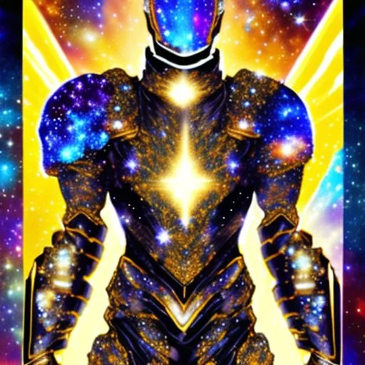 A battle suit made of galaxies and stars with a glove that has seven endless stones Battle armor from the extract of galaxies Battle armor from the extract of galaxies with a fiery sword