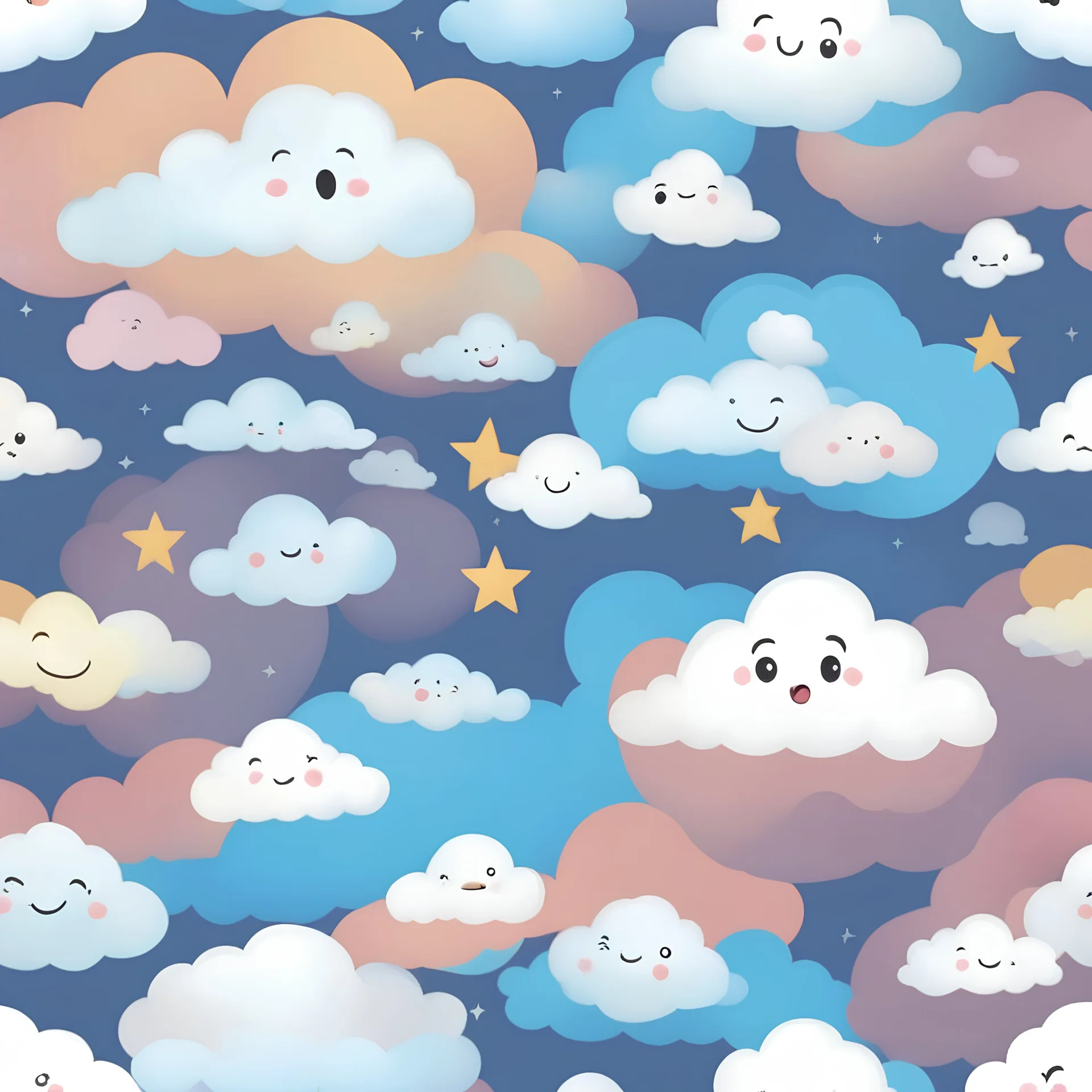 Cute clouds, various facial expressions, Pixar style, transparent background without limbs, seamless tile