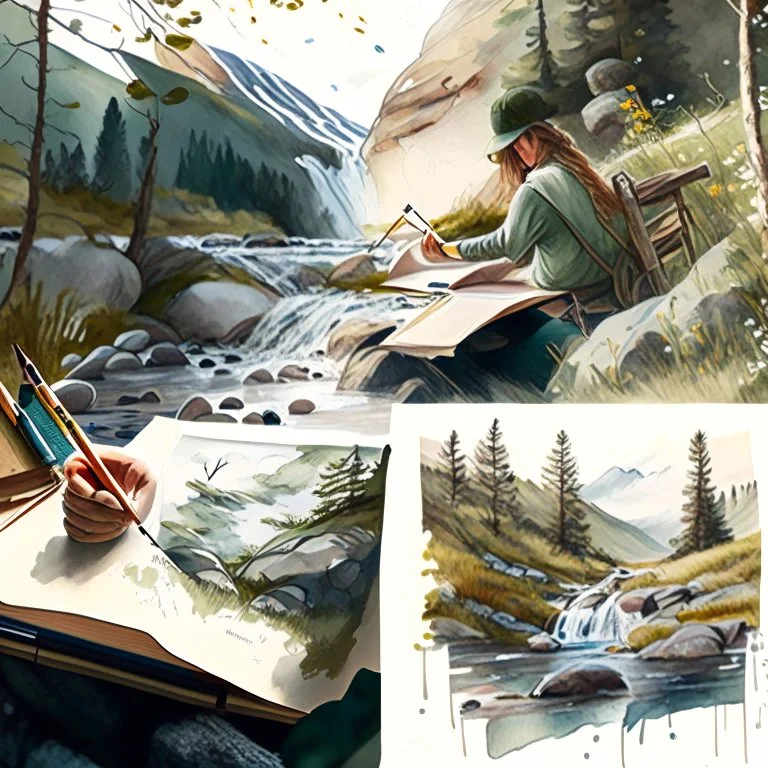 Illustrate a scene of artists exploring the wonders of Norwegian nature, sketching en plein air amidst forests, waterfalls, and meadows, showcasing the role of inspiration from nature in artistic endeavors.