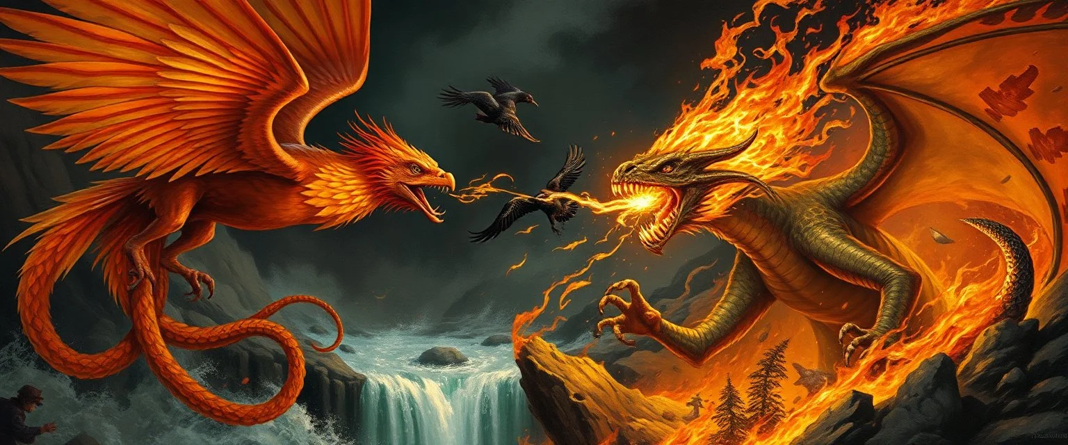 phoenix octopus bird witch bear dragon waterfall looks beyond really powerful slapping a bird in the face with fire, fantasy illustration, in the style of Rembrandt
