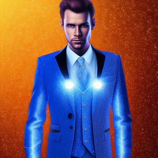 Handsome cosmic man realistic, glitter suit, blue lights, stars