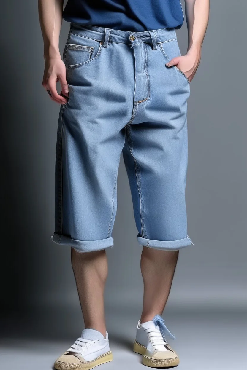 Man's wide leg light blue jeans long shorts