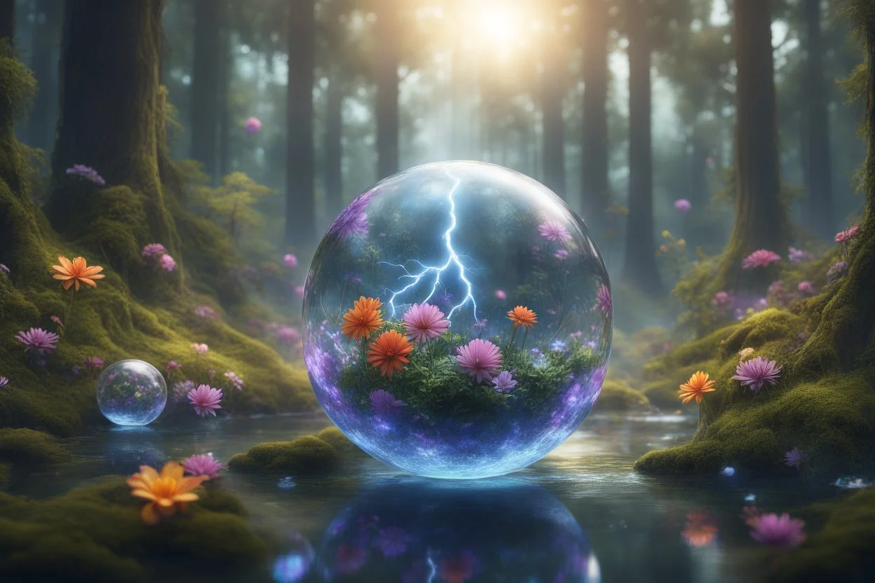 lightning sparkling flowers in floating glass balls, in forest, on lakeside in sunshine detailed matte painting, deep color, fantastical, intricate detail, splash screen, complementary colors, fantasy concept art, 8k resolution trending on Artstation Unreal Engine 5