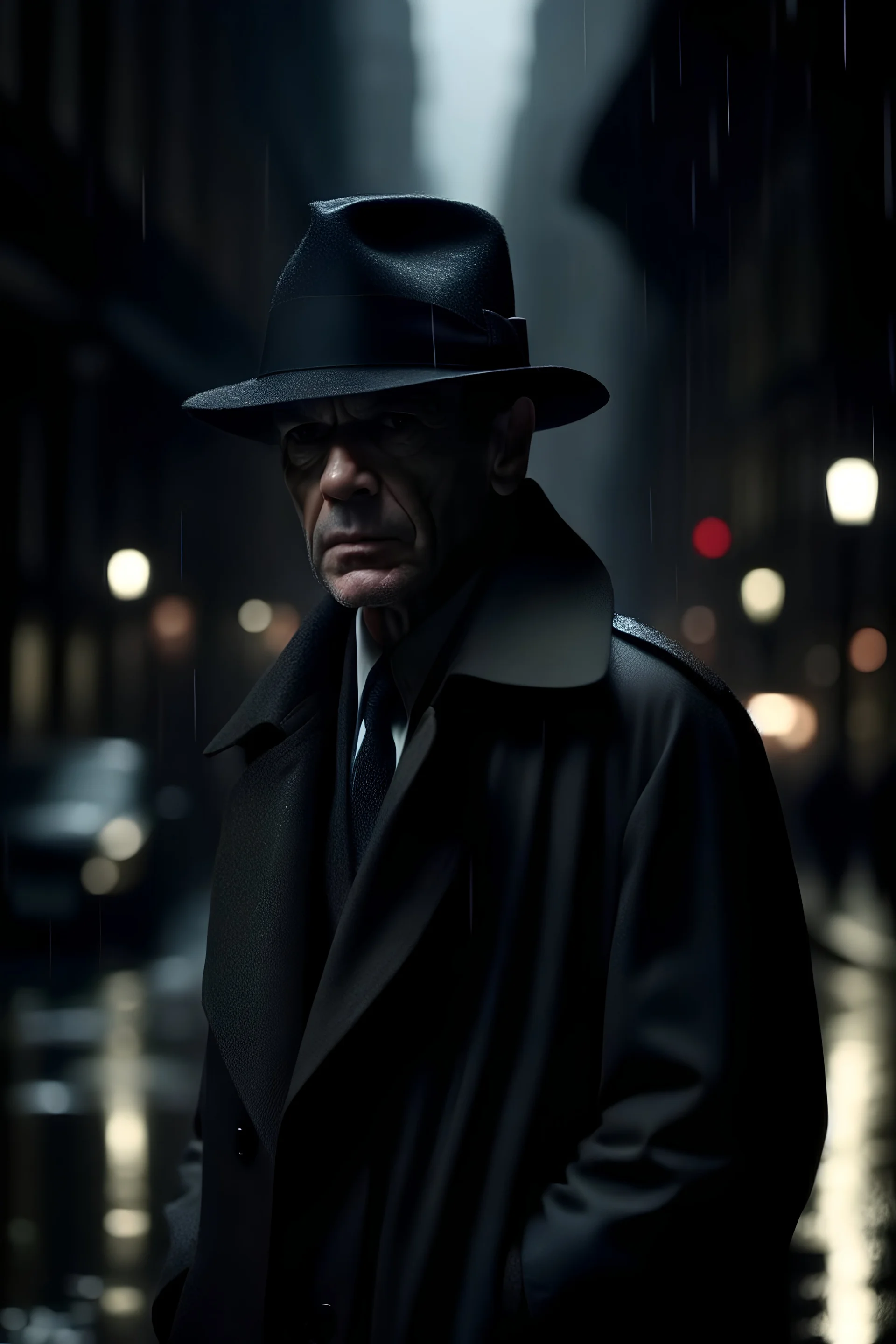 Imagen de un hombre de apariencia sombría, vestido con un sobretodo raído y un sombrero. Su ojo izquierdo tiene un parche. Se encuentra caminando cabizbajo por las calles de Londres en una noche lluviosa.