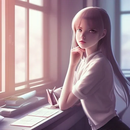 Anime, female student studying under window, studying lesson, perfect face, cool face, ultra detail, unreal engine 5, cinema4d, sun light, studio lighting --ar 1:1 --v 4