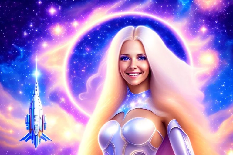 very beautiful cosmic women with white long hair, smiling, with cosmic dress and in the background there is a spaceship with light below and a bautiful sky with stars and light beam