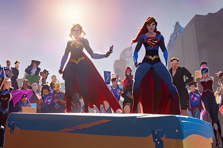 Supergirl leading a political rally on a soap-box, with people gathering around.