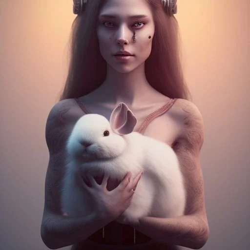 a cute smiling girl holding her bunny, tattoo in her face, michelangelo oil painting, steam punk, scary, horror, realistic, made in octane, cinematic, ultra-realistic, extremely detailed octane rendering, 8K, VRAY Super Real ar 2:3, dof photorealistic futuristic 50mm lens hard lighting dark gray tintype photograph, realistic lighting, sephia colors