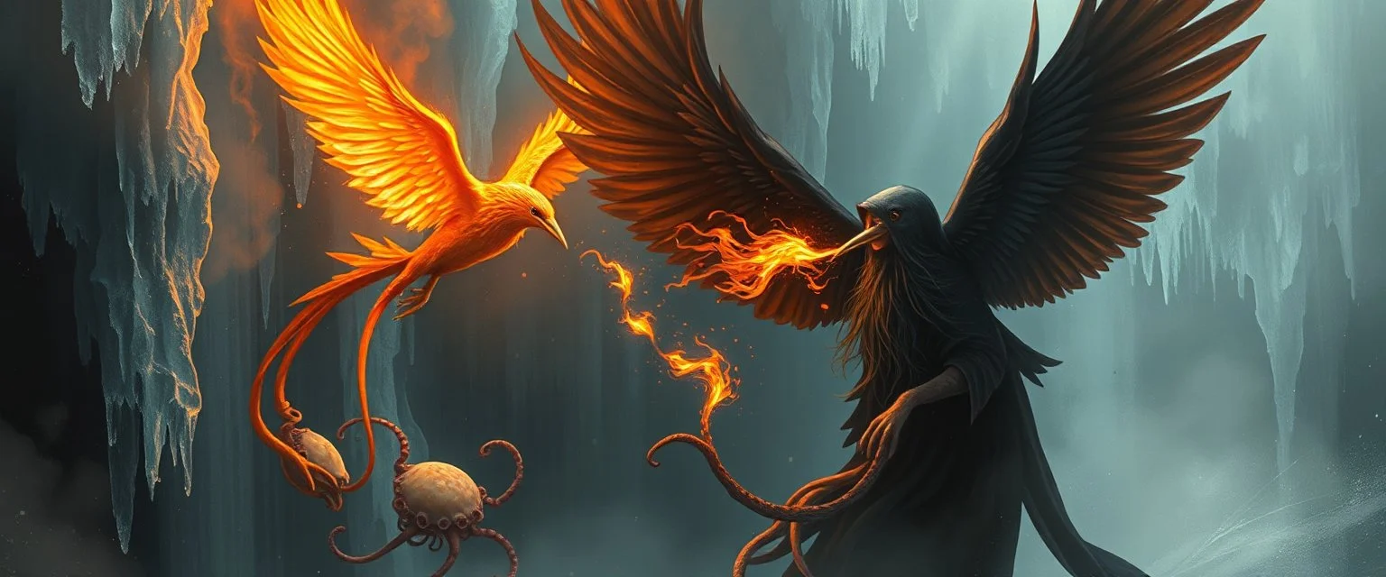 fire smoke and fog and light rays, phoenix jellyfish stingray octopus bird witch in icy waterfall looks beyond really powerful slapping a bird in the face with fire, fantasy illustration, in the style of Rembrandt