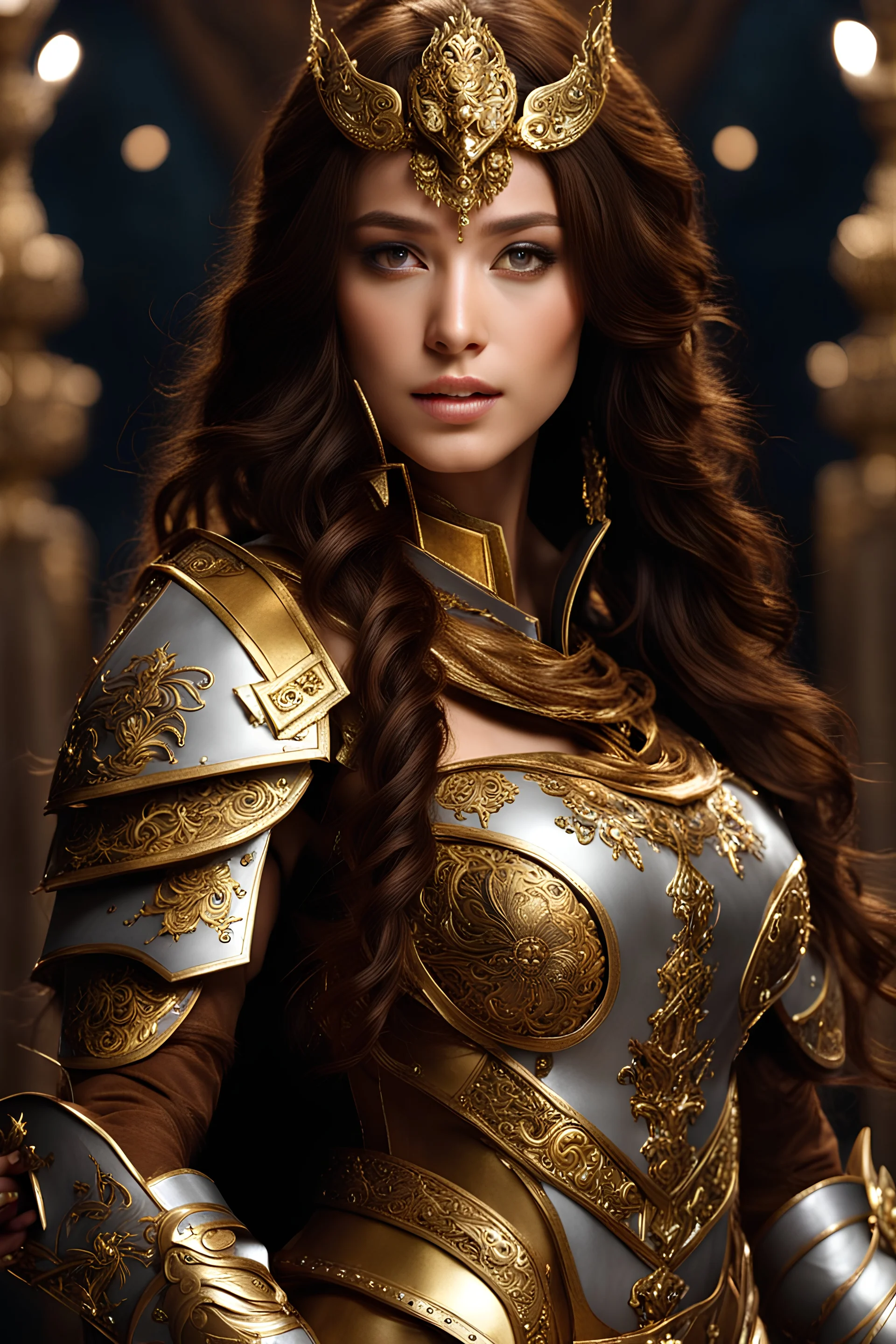 Half body Photography,very beautiful Katty Pery ,full body,looking front view,brown long hair, mechanical,delicate gold,silver metalic parts, golden parts, intricate armor, detailed part,Movie Still