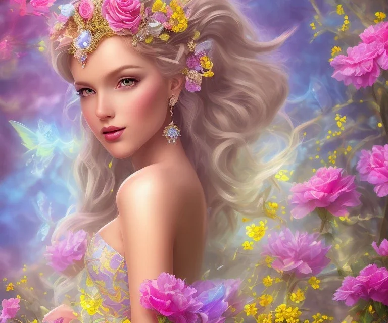 beautiful bright fairy portrait in a pink,blue, yellow flowers background