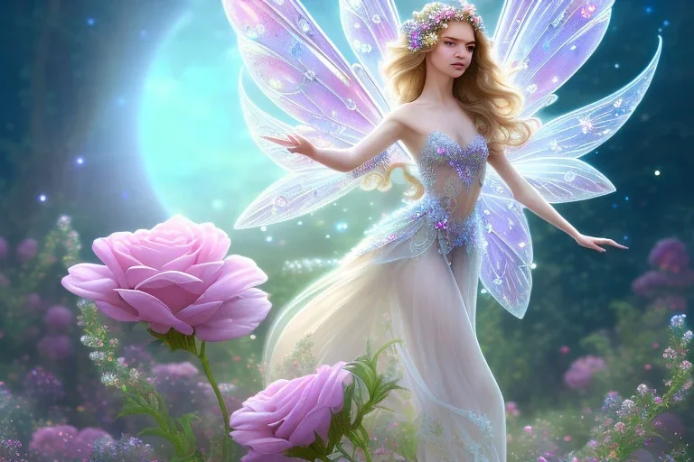 one very little beautiful fairy on a big crystal subtle flower in a galactic ambiance, transparent petals, delicate colors, in the foreground, full of details, smooth, bright sunshine，soft light atmosphere, light effect，vaporwave colorful, concept art, smooth, extremely sharp detail, finely tuned detail, ultra high definition, 8 k, unreal engine 5, ultra sharp focus