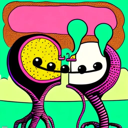 Two cartoonist drawn worms in love, staring at each other, absurdist, retrofuturism, pop art, romantic, gonzo drawing style, beszerk, strange, dune art style