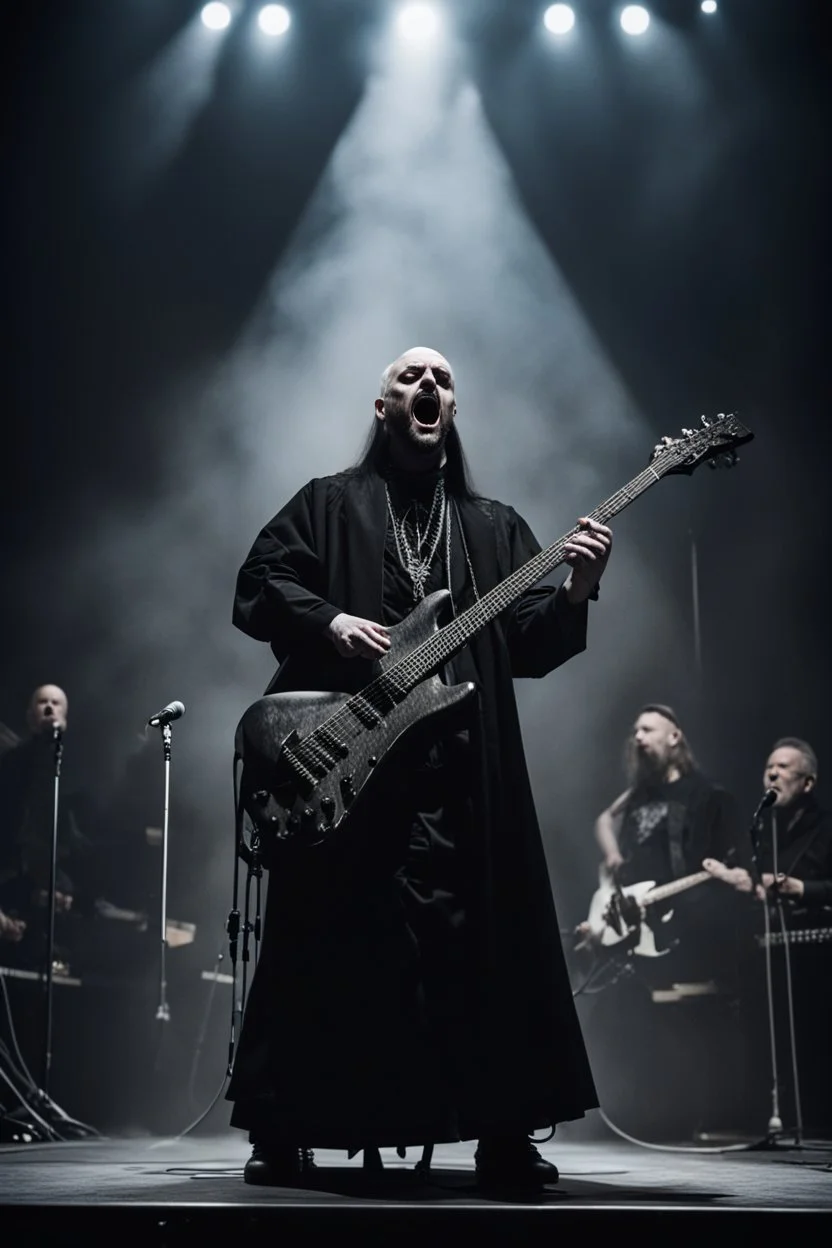katolický biskup hraje na pódiu v blackmetalové kapale na baskytaru a řve do mikrofonu, ponurá atmosféra, veliká scéna koncertu, pentagram, obrácený kříž, veliký kontrast, hodně detailů, fotorealistické, RAW