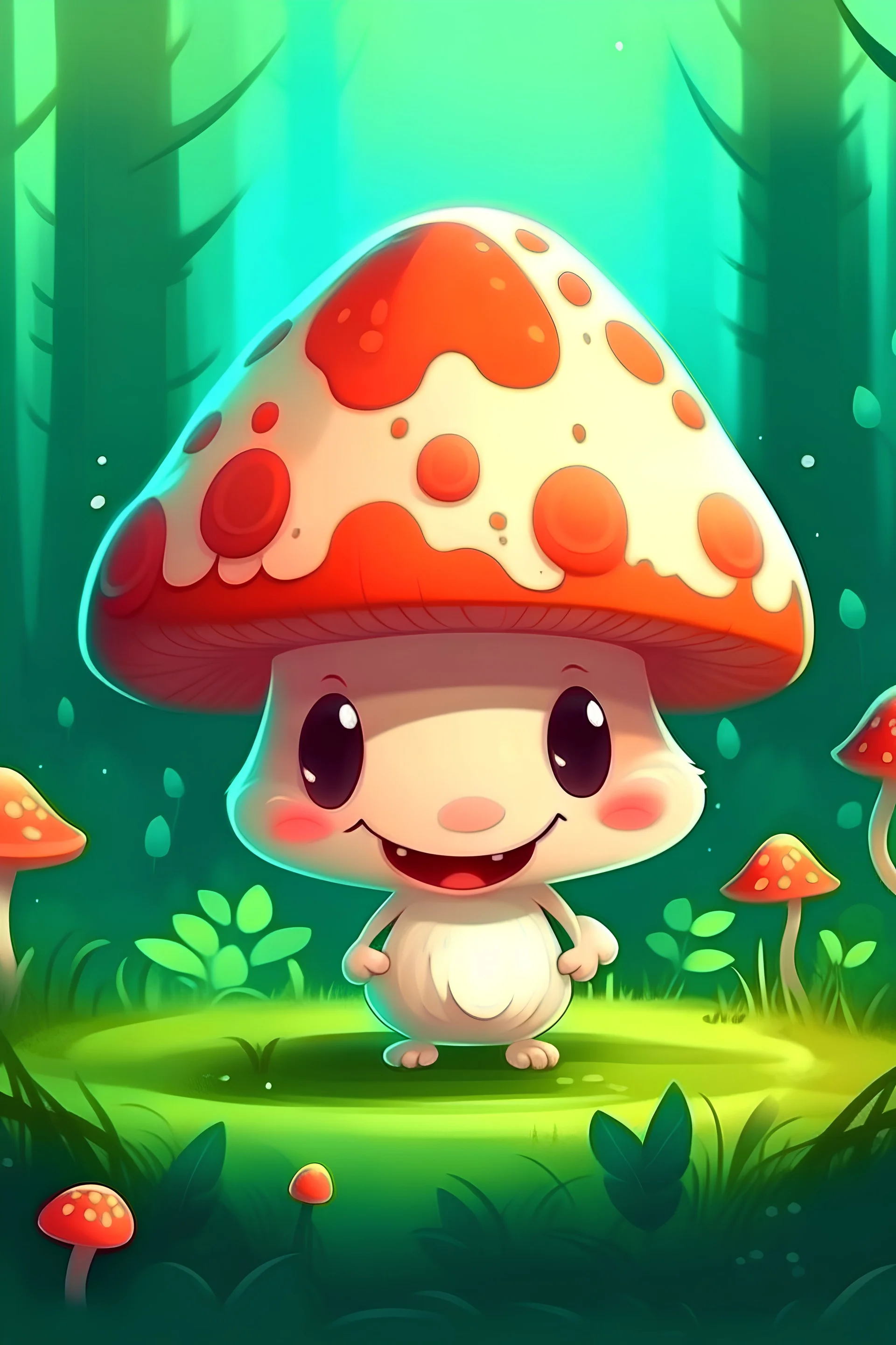 one Adorable Creepy Baby Mushroom, have fun and happy, friendly background, wearing baby clothes, in the forest, cartoon