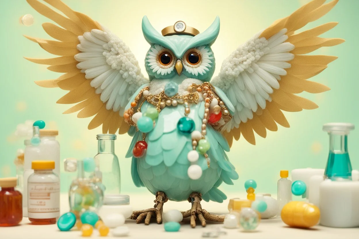 Owl nurse in nurse costume made of tyffany glass and gemstones spreading pills, she is wearing necklaces made of medicines in a hospital room in sunshine