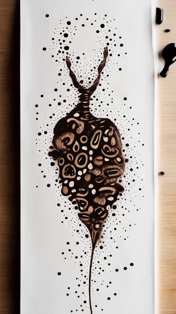 Tattoo on white paper, anatomical coffee, bright brown drawing, black paint strokes on background, large black strokes background, polka dot pattern