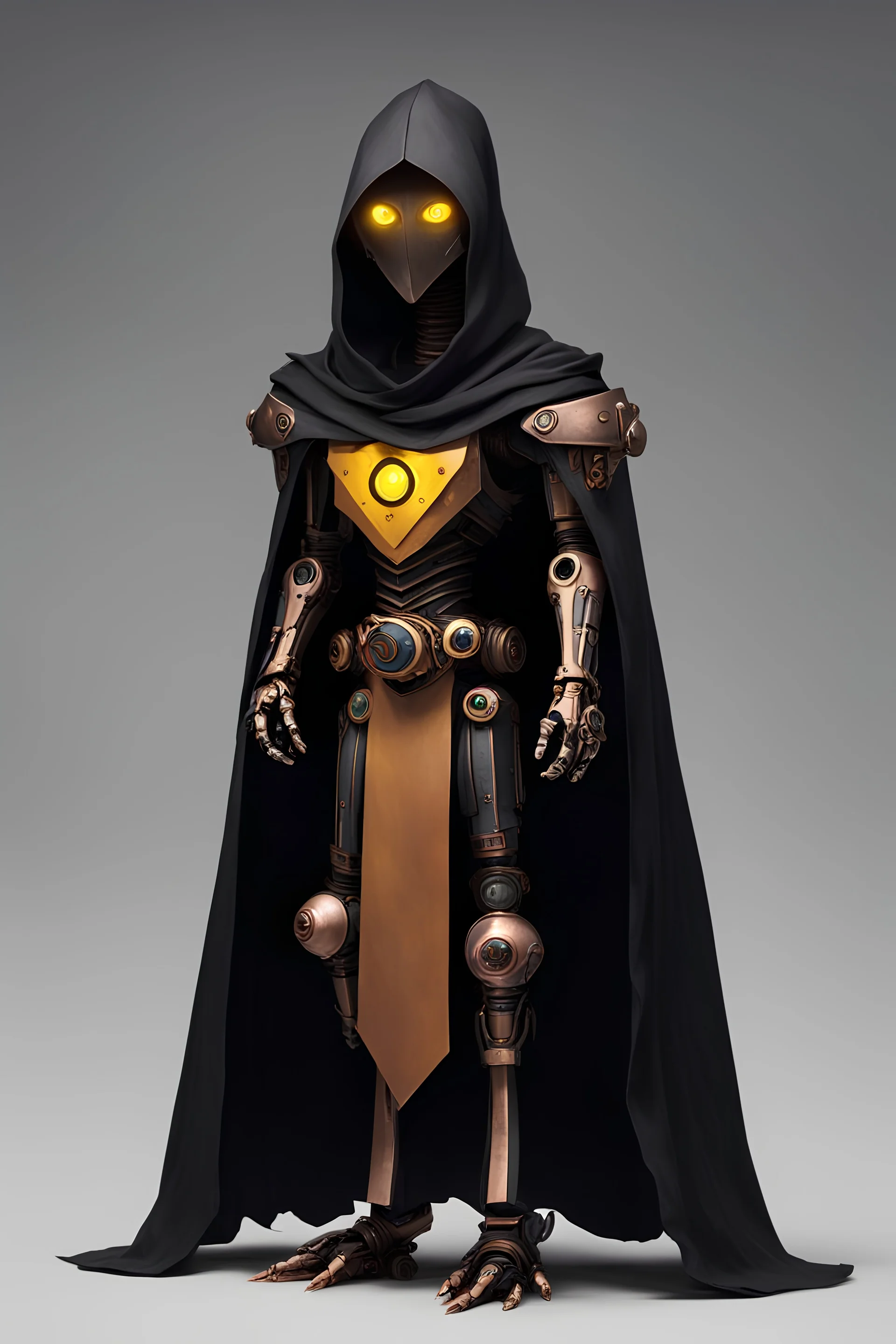 slim copper robot, dungeons and dragons, yellow eyes, wearing black cloak