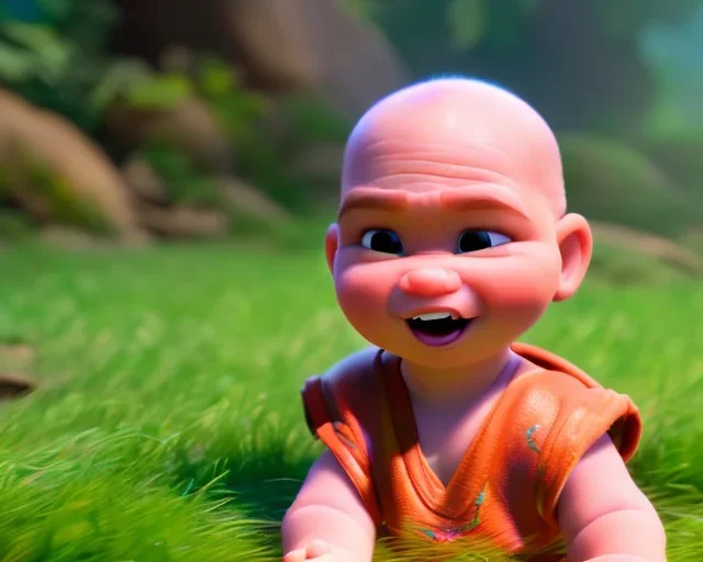 baby krillin, natural environment, photojournalism, hyper detailed, hyper realism, pixar character, sweet and gentle, friendly,